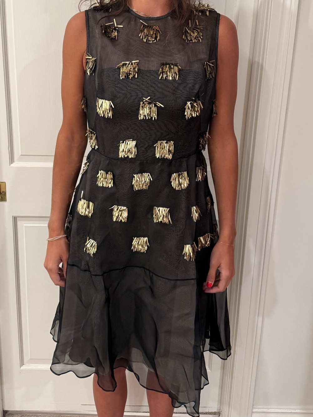 Lela Rose Black Sheer Cocktail Dress with Gold Fringe